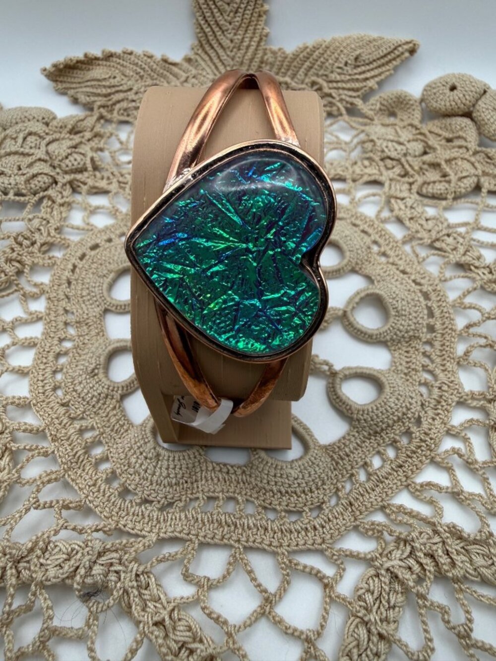 Artisan Heart-Shaped Copper Statement Cuff Bracelet Doublet Color adj Opal gift
